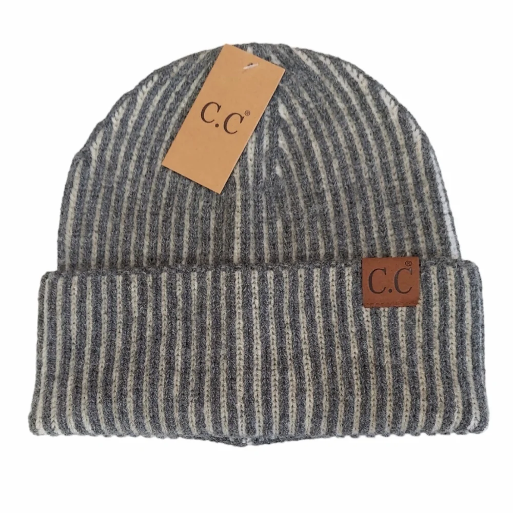 Striped Winter Beanie Hat Womens Unisex Gray Soft Warm Hat Winter New Stretch